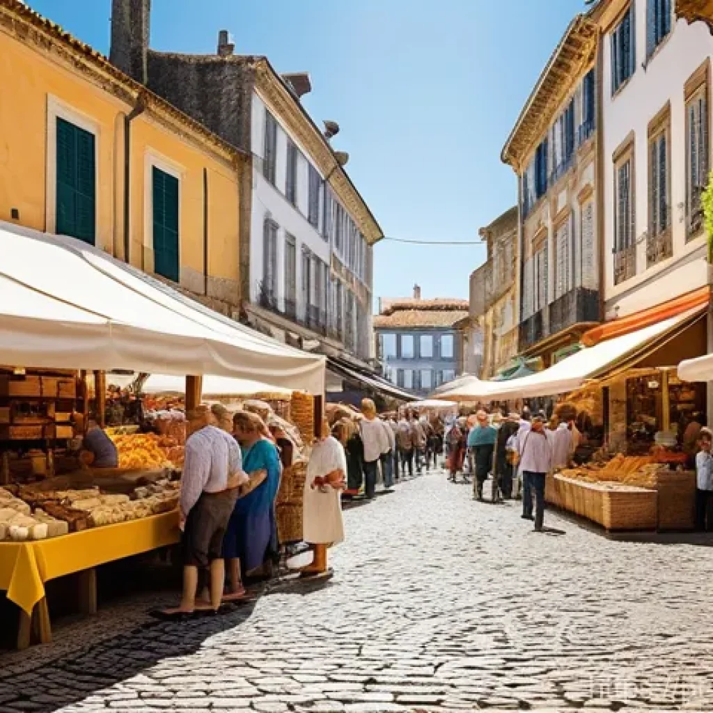 지역 상점에서의 쇼핑으로 지역 경제 지지하기 - **Prompt:** A vibrant and lively outdoor farmers' market in a charming, historic Portuguese town squ...