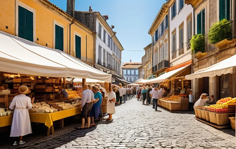 지역 상점에서의 쇼핑으로 지역 경제 지지하기 - **Prompt:** A vibrant and lively outdoor farmers' market in a charming, historic Portuguese town squ...