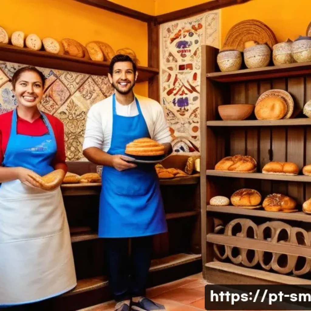 지역 경제 기여 여행의 구체적인 실천 방안 - A vibrant scene of a small, family-owned bakery in a Brazilian historic town, showcasing artisanal b...