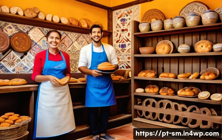지역 경제 기여 여행의 구체적인 실천 방안 - A vibrant scene of a small, family-owned bakery in a Brazilian historic town, showcasing artisanal b...