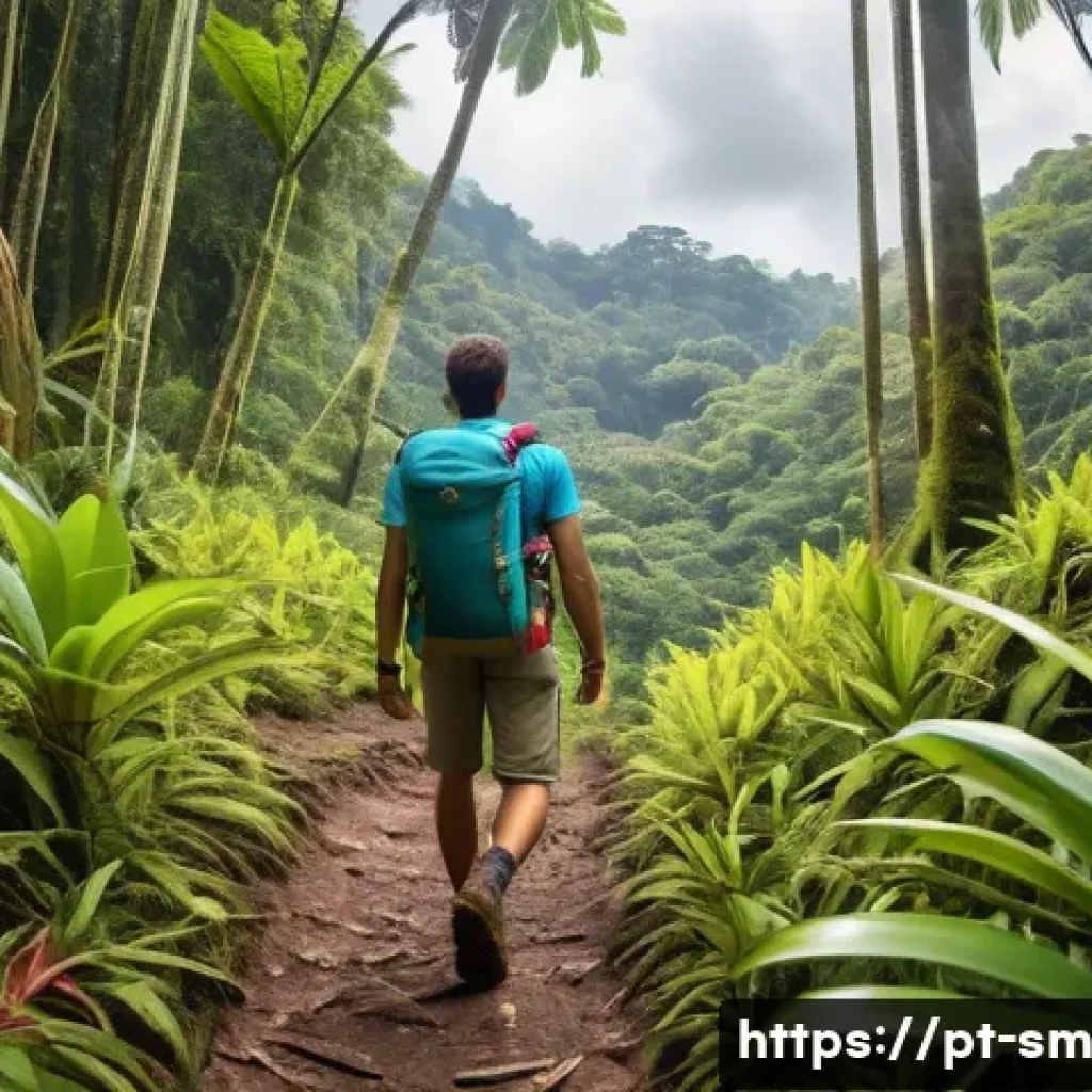 여행 중 지역 환경 보호를 위한 행동 지침 - A vibrant scene of a responsible traveler hiking a lush Brazilian rainforest trail wearing eco-frien...