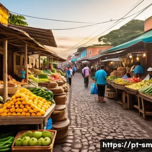 전통 시장 방문으로 지역 경제 활성화하기 - A vibrant traditional Brazilian market scene at dawn, featuring diverse local vendors selling fresh ...
