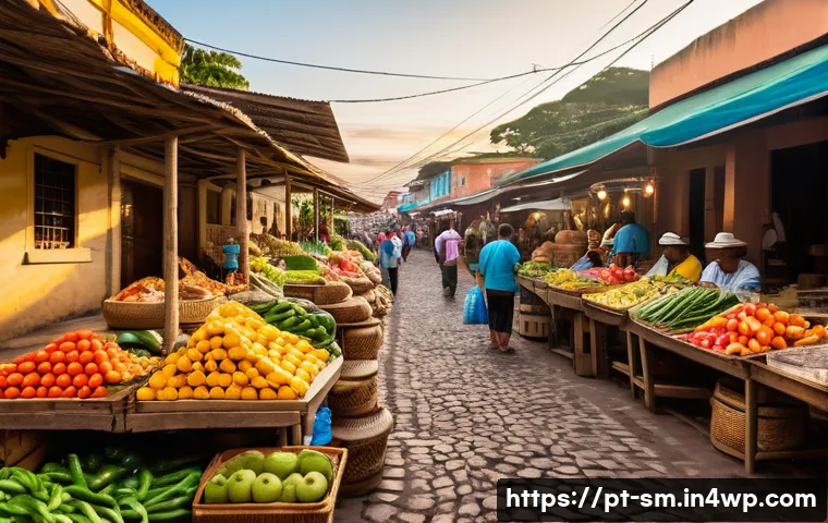 전통 시장 방문으로 지역 경제 활성화하기 - A vibrant traditional Brazilian market scene at dawn, featuring diverse local vendors selling fresh ...