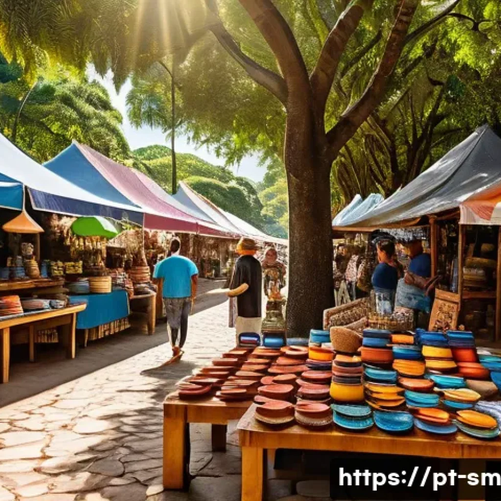 지역 경제 기여를 위한 여행 중 만난 이야기 - A vibrant local artisan market scene in Brazil, featuring colorful handmade ceramics, woven textiles...