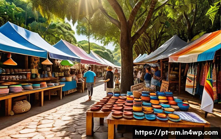 지역 경제 기여를 위한 여행 중 만난 이야기 - A vibrant local artisan market scene in Brazil, featuring colorful handmade ceramics, woven textiles...