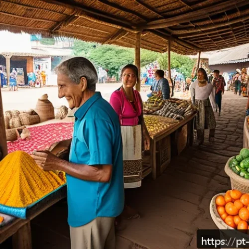 지속 가능한 여행사 선택 방법 - A vibrant outdoor market scene in a Brazilian Northeast town, featuring local artisans selling handc...