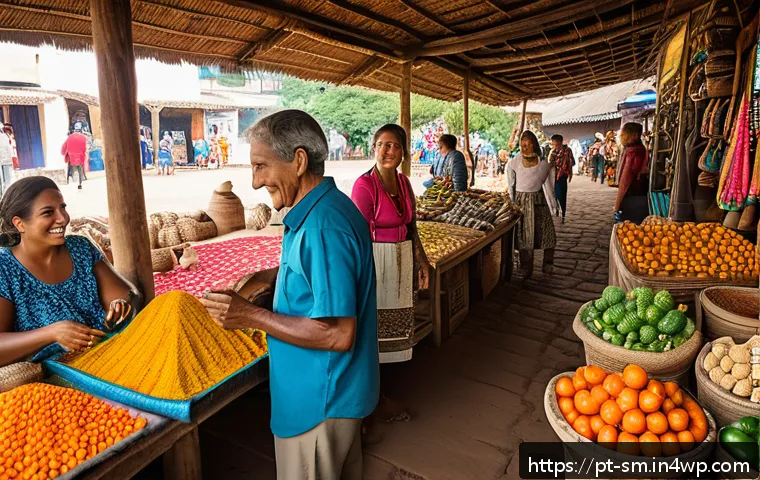 지속 가능한 여행사 선택 방법 - A vibrant outdoor market scene in a Brazilian Northeast town, featuring local artisans selling handc...