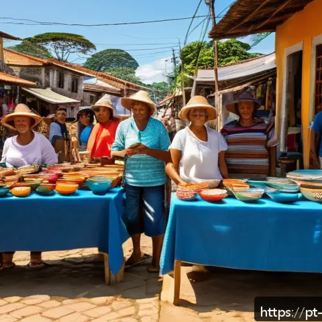 지속 가능한 여행 방식으로 지역 경제 보호하기 - A vibrant street scene in a small Brazilian Northeastern town featuring local artisans selling color...