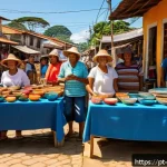 지속 가능한 여행 방식으로 지역 경제 보호하기 - A vibrant street scene in a small Brazilian Northeastern town featuring local artisans selling color...