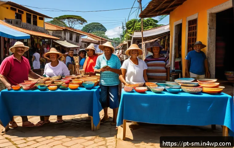 지속 가능한 여행 방식으로 지역 경제 보호하기 - A vibrant street scene in a small Brazilian Northeastern town featuring local artisans selling color...