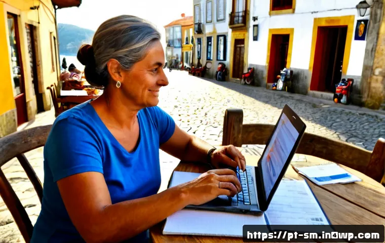 지역 경제 지원을 위한 여행 후기 작성 방법 - Photorealistic travel writer at a sunny outdoor café in a small Portuguese coastal town, mature trav...
