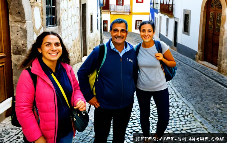 소규모 커뮤니티와 함께하는 여행 프로그램 - Photorealistic small community travel group of six Portuguese-speaking adults exploring a historic c...