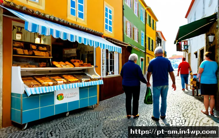 Home 17 지역 경제에 기여하는 여행의 필요성 - Photorealistic travel scene in a charming Portuguese coastal village, a middle-aged couple buying fr...